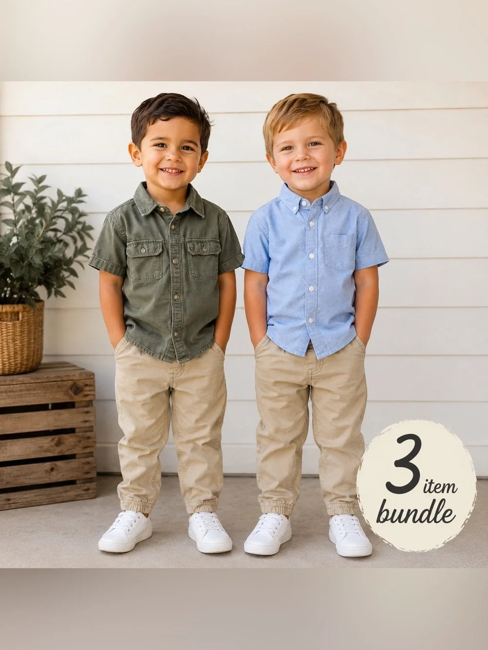 3 Item Bundle 2 Button-Down Shirts - 1 Pair Tan Pants